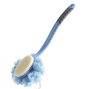 [2nd generation] shower body brush with bristles and loofah,back scrubber bath mesh sponge with curved 16" long non-slip handle skin exfoliating massage suitable for men and women (blue)