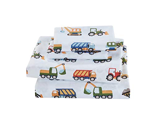 MK Home 3pc Crib Sheet Set Teens/Boys Construction Trucks Tractors Blue Red Yellow New