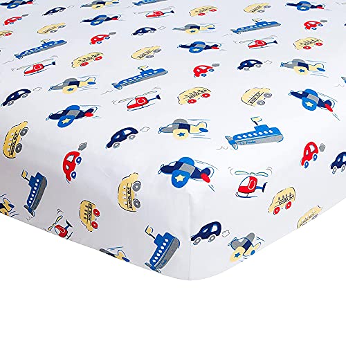 Frenchie Mini Couture, Cars, Boats, Planes Single Pack Fitted Crib Sheet – 100% Cotton, 28 x 52 x 8in