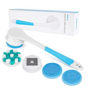 electric body scrubber, waterproof rechargeable silicone body brush with 4 brush heads, handle removable back scrubber for shower, body and facial cleansing & exfoliating, gift for men/women
