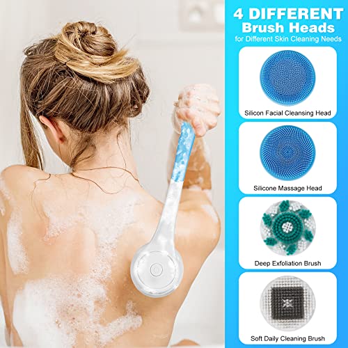 Electric Body Scrubber, Waterproof Rechargeable Silicone Body Brush with 4 Brush Heads, Handle Removable Back Scrubber for Shower, Body and Facial Cleansing & Exfoliating, Gift for Men/Women