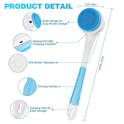Electric Body Scrubber, Waterproof Rechargeable Silicone Body Brush with 4 Brush Heads, Handle Removable Back Scrubber for Shower, Body and Facial Cleansing & Exfoliating, Gift for Men/Women