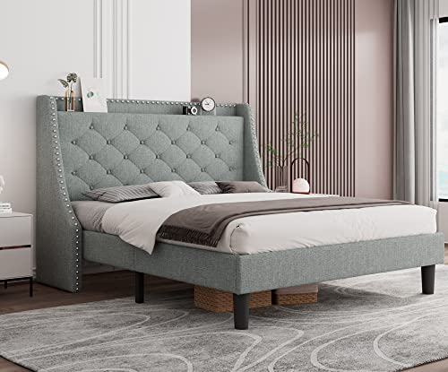 iPormis Queen Bed Frame with Aesthetic Wingback, Upholstered Platform Bed with Diamond Tufting Headboard, 4" Storage Shelf, Sturdy Wood Slats, No Box Spring Needed, Anti-Slip, Light Grey