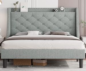 ipormis queen bed frame with aesthetic wingback, upholstered platform bed with diamond tufting headboard, 4" storage shelf, sturdy wood slats, no box spring needed, anti-slip, light grey