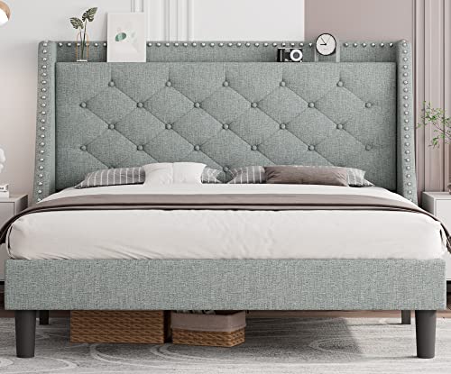 iPormis Queen Bed Frame with Aesthetic Wingback, Upholstered Platform Bed with Diamond Tufting Headboard, 4" Storage Shelf, Sturdy Wood Slats, No Box Spring Needed, Anti-Slip, Light Grey