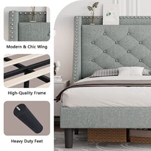 iPormis Queen Bed Frame with Aesthetic Wingback, Upholstered Platform Bed with Diamond Tufting Headboard, 4" Storage Shelf, Sturdy Wood Slats, No Box Spring Needed, Anti-Slip, Light Grey