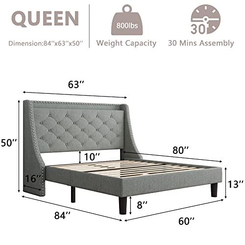 iPormis Queen Bed Frame with Aesthetic Wingback, Upholstered Platform Bed with Diamond Tufting Headboard, 4" Storage Shelf, Sturdy Wood Slats, No Box Spring Needed, Anti-Slip, Light Grey