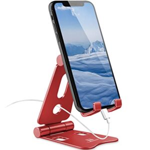 Tobeoneer Foldable Cell Phone Stand - Desk Phone Holder, Adjustable Alluminum Dock for iPhone 14 13 12 11 Pro XR XS Max 8 7 6 6s Plus Mini iPad Tablet (Red)