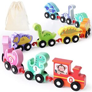 woodmam wooden dinosaur number train, montessori toy train set with storage bag, educational toy gift for baby toddler boys girls age 1 2 3 years old