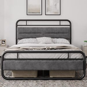 yaheetech queen size bed frame, heavy duty metal platform bed with curved upholstered headboard, 8.7 inch under-bed storage/steel slat support/noise free/no box spring needed/easy assembly/dark grey