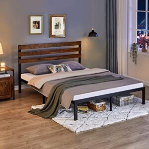 GreenForest Queen Bed Frame with Wooden Headboard Platform Bed with Metal Support Slats NO-Noise Heavy Duty Bed Industrial Country Style with 9 Strong Legs No Need Box Spring, Queen