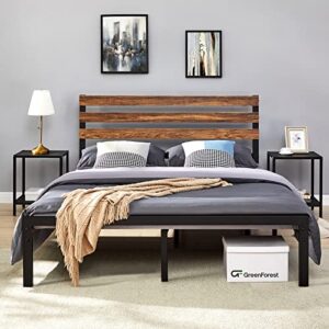 GreenForest Queen Bed Frame with Wooden Headboard Platform Bed with Metal Support Slats NO-Noise Heavy Duty Bed Industrial Country Style with 9 Strong Legs No Need Box Spring, Queen