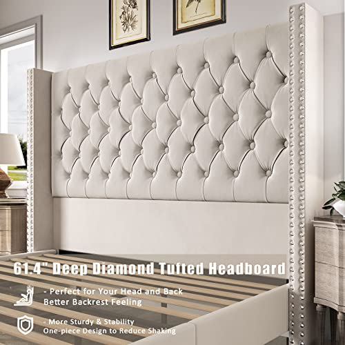 PaPaJet King Platform Bed Frame 61.4" Handmade Headboard Velvet Tall Upholstered Bed Deep Button Tufted/No Box Spring Required/Wood Slat Support/Easy Assembly/Cream