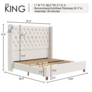 PaPaJet King Platform Bed Frame 61.4" Handmade Headboard Velvet Tall Upholstered Bed Deep Button Tufted/No Box Spring Required/Wood Slat Support/Easy Assembly/Cream