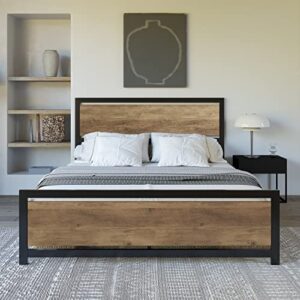 amerlife full size bed frame with wooden headboard, full platform bed frame with industrial footboard/heavy duty steel/strong 4 u-shaped support frames/rustic style/easy assembly/light brown