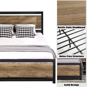 AMERLIFE Full Size Bed Frame with Wooden Headboard, Full Platform Bed Frame with Industrial Footboard/Heavy Duty Steel/Strong 4 U-Shaped Support Frames/Rustic Style/Easy Assembly/Light Brown