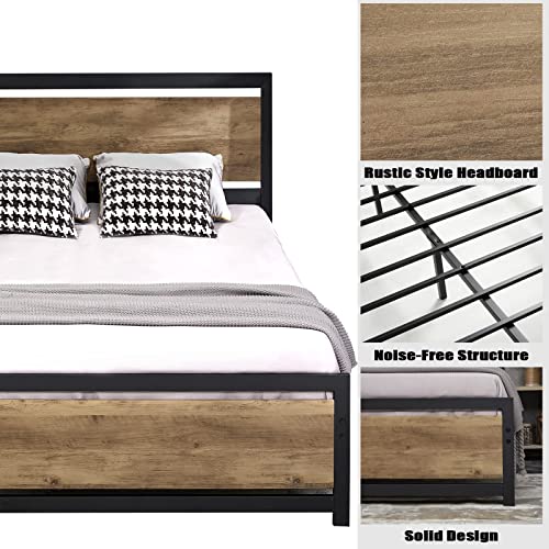 AMERLIFE Full Size Bed Frame with Wooden Headboard, Full Platform Bed Frame with Industrial Footboard/Heavy Duty Steel/Strong 4 U-Shaped Support Frames/Rustic Style/Easy Assembly/Light Brown