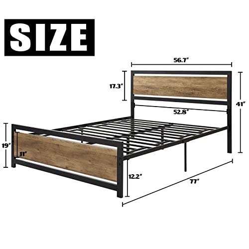 AMERLIFE Full Size Bed Frame with Wooden Headboard, Full Platform Bed Frame with Industrial Footboard/Heavy Duty Steel/Strong 4 U-Shaped Support Frames/Rustic Style/Easy Assembly/Light Brown