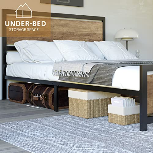 AMERLIFE Full Size Bed Frame with Wooden Headboard, Full Platform Bed Frame with Industrial Footboard/Heavy Duty Steel/Strong 4 U-Shaped Support Frames/Rustic Style/Easy Assembly/Light Brown