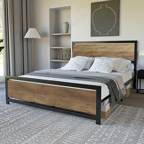 AMERLIFE Full Size Bed Frame with Wooden Headboard, Full Platform Bed Frame with Industrial Footboard/Heavy Duty Steel/Strong 4 U-Shaped Support Frames/Rustic Style/Easy Assembly/Light Brown