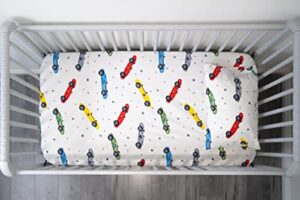 arevent 100% organic cotton crib sheet set (2 pieces)– car print kids bedding set – gots certified, made in usa, 250 thread count (crib/toddler sheet set, cars)