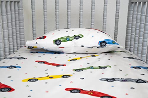 AREVENT 100% Organic Cotton Crib Sheet Set (2 Pieces)– Car Print Kids Bedding Set – GOTS Certified, Made in USA, 250 Thread Count (Crib/Toddler Sheet Set, Cars)