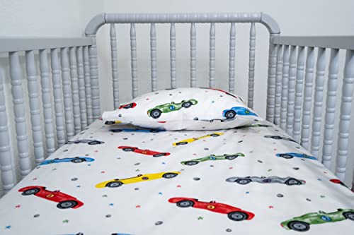 AREVENT 100% Organic Cotton Crib Sheet Set (2 Pieces)– Car Print Kids Bedding Set – GOTS Certified, Made in USA, 250 Thread Count (Crib/Toddler Sheet Set, Cars)