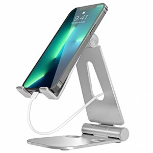 ktrio adjustable cell phone stand, aluminum phone stand for desk, foldable phone holder compatible with iphone 13 pro max 11 12 xr 8 7 se, pad, tablet, smartphone - silver