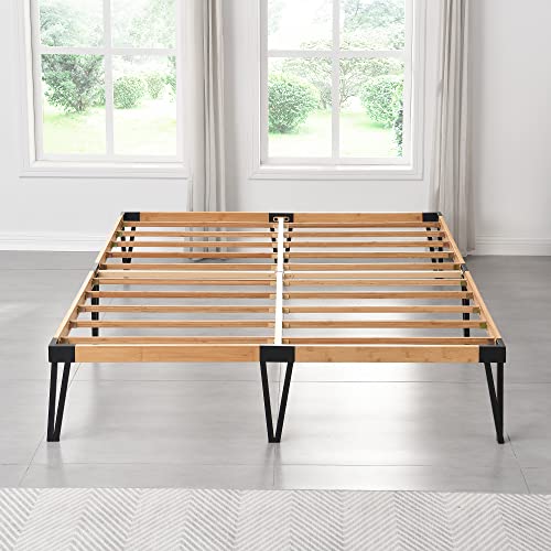 HW COMFORT 14 Inch Queen Solid Bamboo and Metal Platform Bed Frame/Bamboo Wood Slat Support/No Box Spring Needed/Easy Assembly, Natural & Black