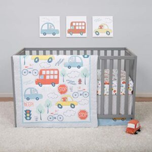 sammy & lou beep beep 4-piece baby nursery crib bedding set, includes quilt, fitted crib sheet, crib skirt, and plush toy