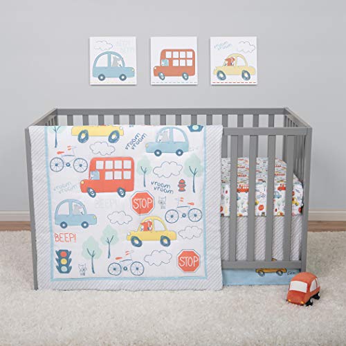 Sammy & Lou Beep Beep 4-Piece Baby Nursery Crib Bedding Set, Includes Quilt, Fitted Crib Sheet, Crib Skirt, and Plush Toy