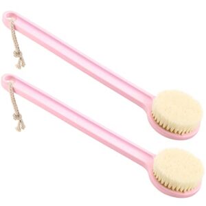 2pcs back scrubber for shower 14in shower brush for body with comfy bristles for wet or dry brushing (pink)