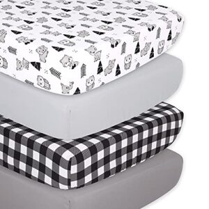 the peanutshell fitted crib sheet set for baby boys or girls - unisex 4 pack - woodland animals & buffalo plaid