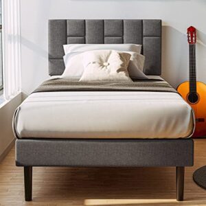 likimio twin bed frame with headboard, modern upholstered platform bed with headboard and wood slat support, noise-free, no box spring required, easy assembly, grey