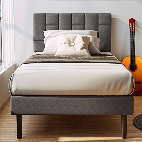 LIKIMIO Twin Bed Frame with Headboard, Modern Upholstered Platform Bed with Headboard and Wood Slat Support, Noise-Free, No Box Spring Required, Easy Assembly, Grey