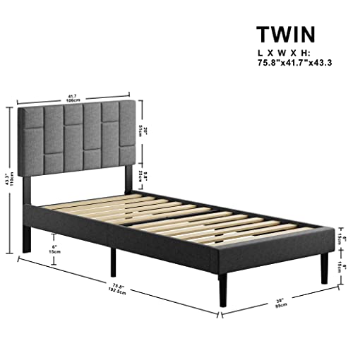 LIKIMIO Twin Bed Frame with Headboard, Modern Upholstered Platform Bed with Headboard and Wood Slat Support, Noise-Free, No Box Spring Required, Easy Assembly, Grey