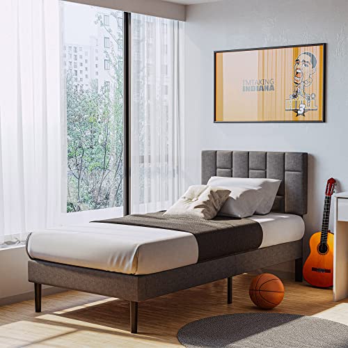 LIKIMIO Twin Bed Frame with Headboard, Modern Upholstered Platform Bed with Headboard and Wood Slat Support, Noise-Free, No Box Spring Required, Easy Assembly, Grey