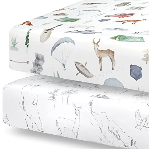 Pobibaby - 2 Pack Premium Fitted Baby Boy Crib Sheets for Standard Crib Mattress - Ultra-Soft Cotton Blend, Safe and Snug, and Stylish Woodland Crib Sheet (Explore)