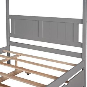 RUNNA Modern Full Size Canopy Platform Bed with Trundle, Solid Wood Bed Frame with Slide Rail, Slat Support Leg, Noise Free/No Box Sprin