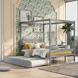 RUNNA Modern Full Size Canopy Platform Bed with Trundle, Solid Wood Bed Frame with Slide Rail, Slat Support Leg, Noise Free/No Box Sprin