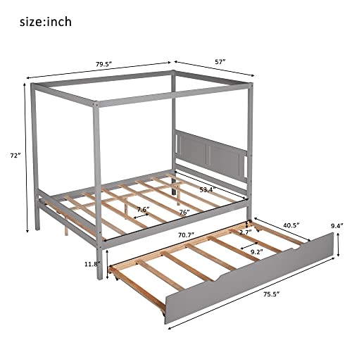 RUNNA Modern Full Size Canopy Platform Bed with Trundle, Solid Wood Bed Frame with Slide Rail, Slat Support Leg, Noise Free/No Box Sprin