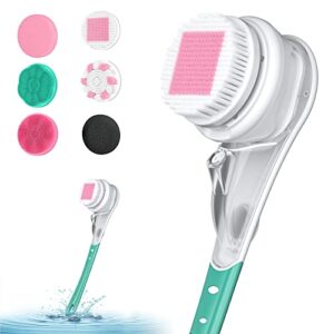 electric body brush, number-one body scrubber with 6 brush heads long handle bath shower brush massage body brush kit, ipx7 waterproof 3 speed spin cleaning brush back brush for face & body men women