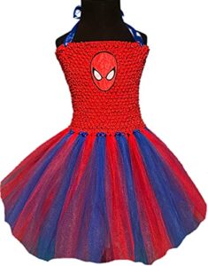 marvel spiderman peter parker miles morales spider-verse red bodice lined tutu dress party costume kids girls baby toddler - ships fast and free! (spider-man face, blue and red, medium 3t - 5y)