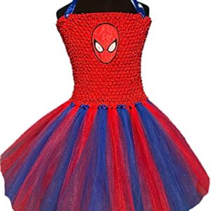 Marvel Spiderman Peter Parker Miles Morales Spider-verse Red Bodice Lined Tutu Dress Party Costume Kids Girls Baby Toddler - Ships fast and free! (Spider-man Face, Blue and Red, Medium 3T - 5Y)