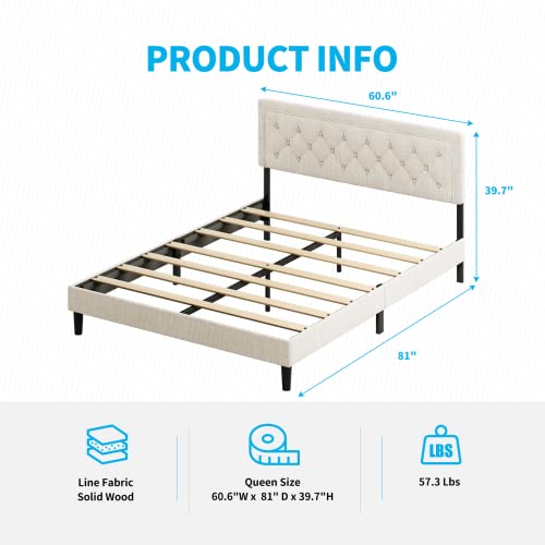 Mjkone Queen Size Bed Frame with Adjustable Headboard,Platform Bed Frame with Button Tufted Linen Fabric,Upholstered Bed with Strong Metal Frame/Wood Slats Support,Easy Assembly-Beige