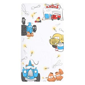 jumpoff jo - fitted crib sheet, super soft 100% cotton sheet for standard crib mattresses and toddler beds, 28 in. x 52 in, storytelling designs - jo's garage (white)
