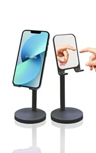 kn flax cell phone stand with mirror mobile phone and ipad holder for desk with adjustable view angle & height, handsfree smart phone cradle, dock for office kitchen traveling accessories - black