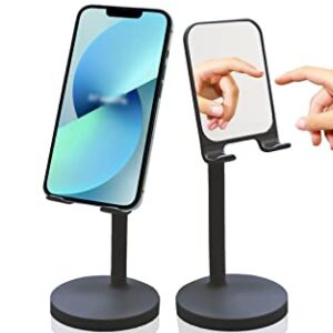 KN FLAX Cell Phone Stand with Mirror Mobile Phone and iPad Holder for Desk with Adjustable View Angle & Height, Handsfree Smart Phone Cradle, Dock for Office Kitchen Traveling Accessories - Black