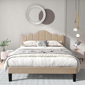 vecelo full upholstered platform bed frame,mattress foundation with height adjustable tufted headboard,strong wood slat support, no box spring needed,champagne beige