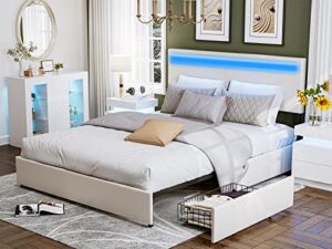 ikifly led bed frame with 4 storage drawers, upholstered queen size storage bed with adjustable headboard & led lights, mattress foundation, no box spring needed, easy assembly - white/queen